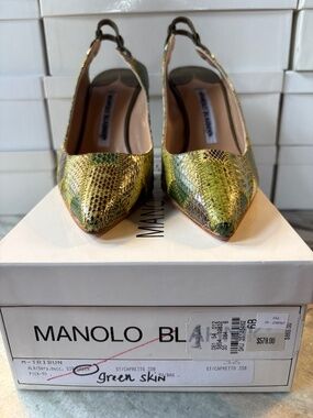 Manolo Blahnik green snakeskin slingback